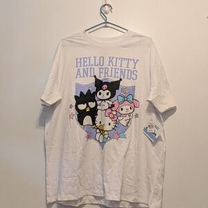 Sanrio White Tee with Pastel Pink, Blue and Black Characters